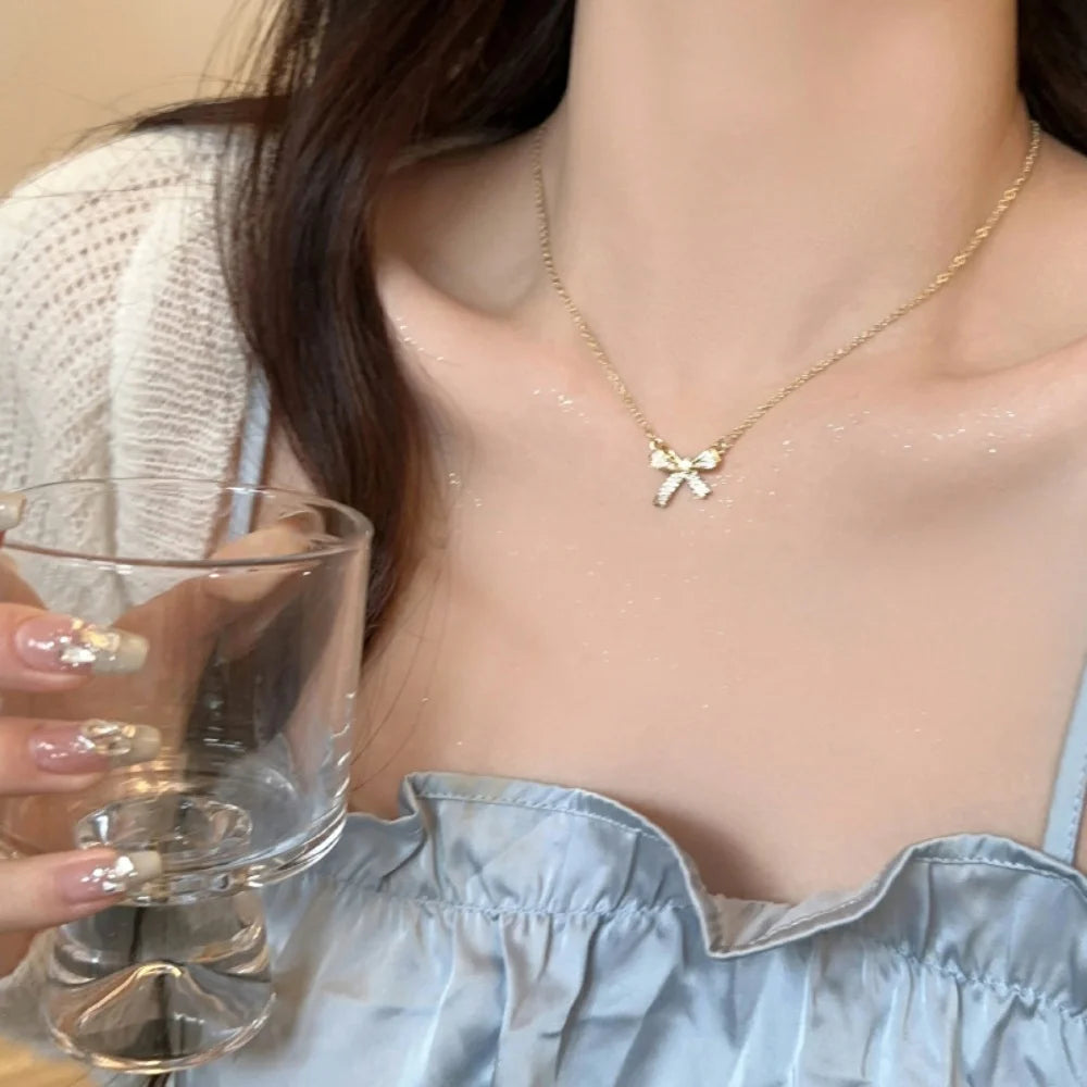 Kpop Crystal Bow Pendant Necklace For Women Simple Gold Color Stainless Steel Clavicle Chain Jewelry Fashion Accessories