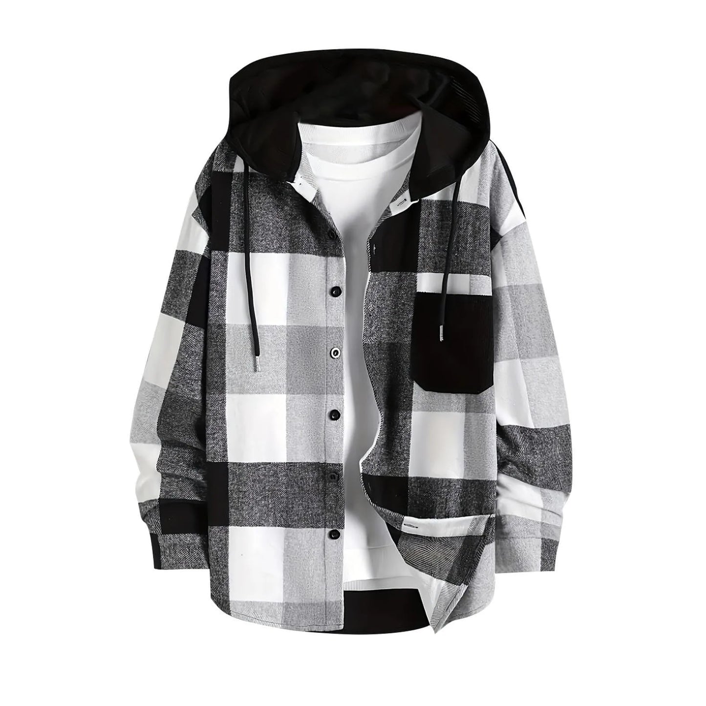 Men's Hooded Jacket Lightweight Drawstring Regular Fit Long Sleeved Buttoned Plaid Pocket Shirt Jacket Solid Color Linen Shirt