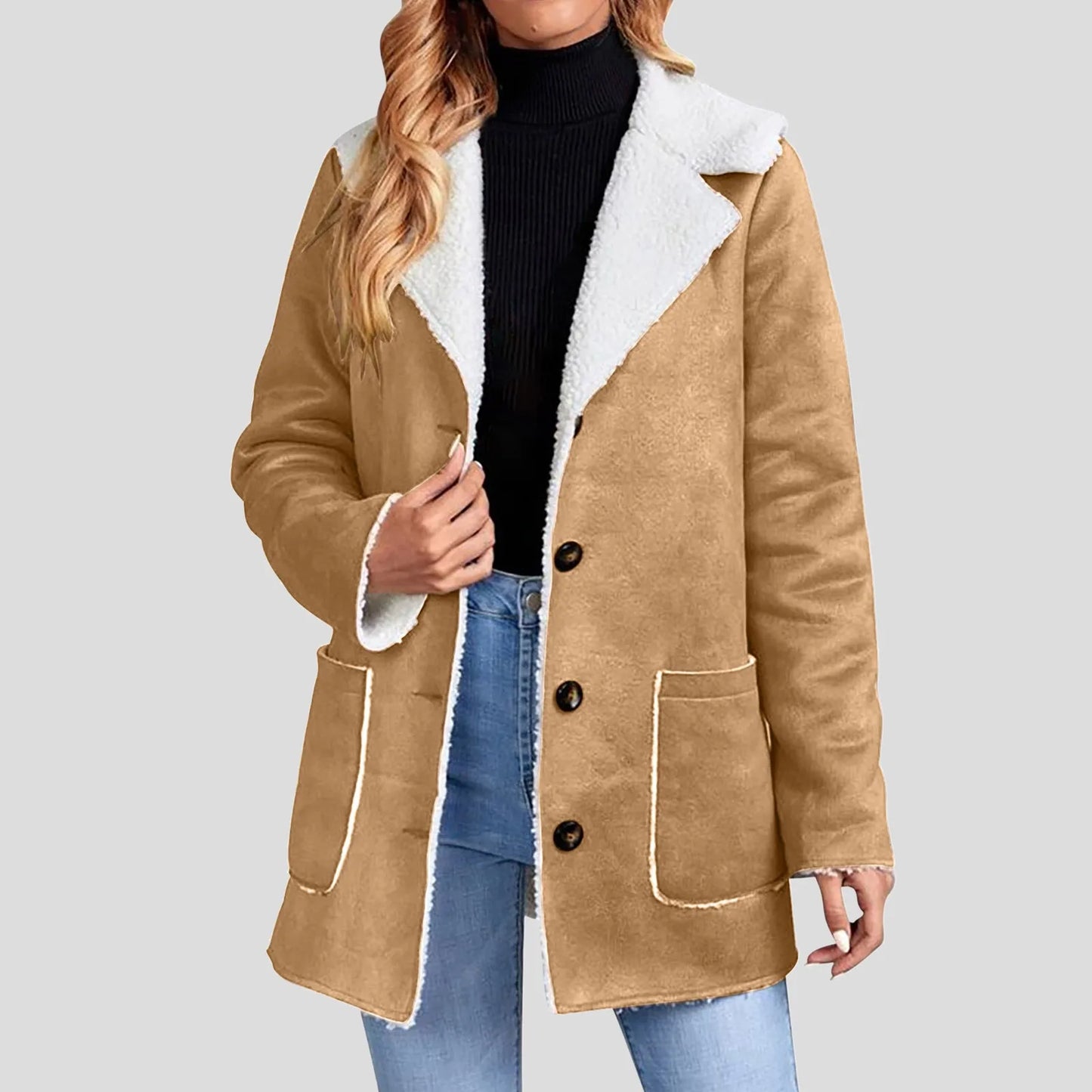 Women's Winter Jacket Plus Size Fleece Lined Jackets Streetwear 2024 Suede Coats Warm Notch Lapel Outerwear With Big Pockets