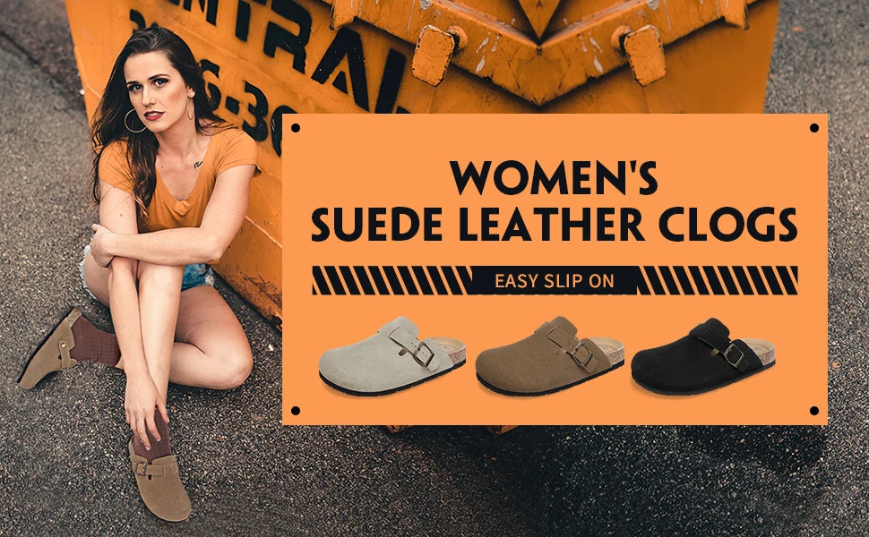Women's Suede Clogs Shoes Adjustable Buckle Slip Casual Fashion Footbed Home Clog Falt Slippers New 2024