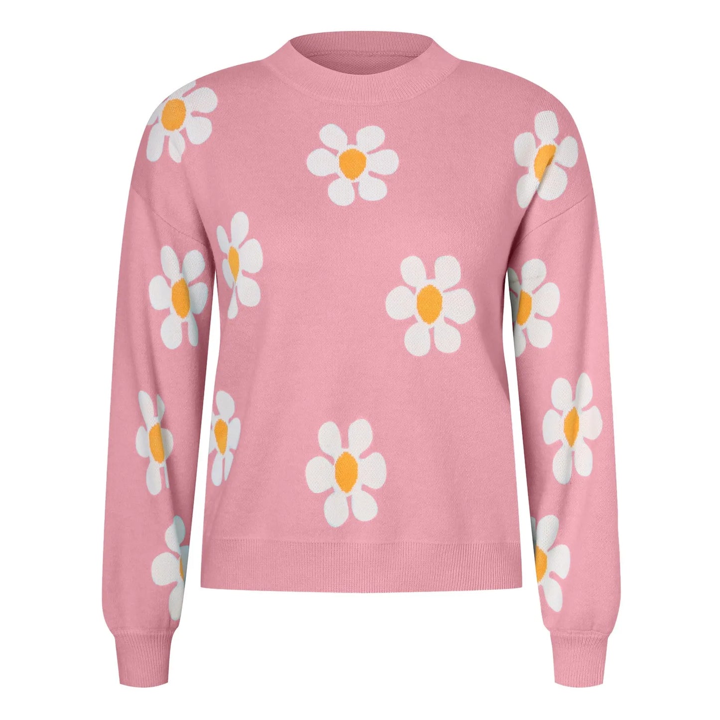2024 Fall Sweater Women Fashion Round Neck Flower Printed Long Sleeve Ribbed Knitted Pullover Popular Top Autumn Winter Outfits