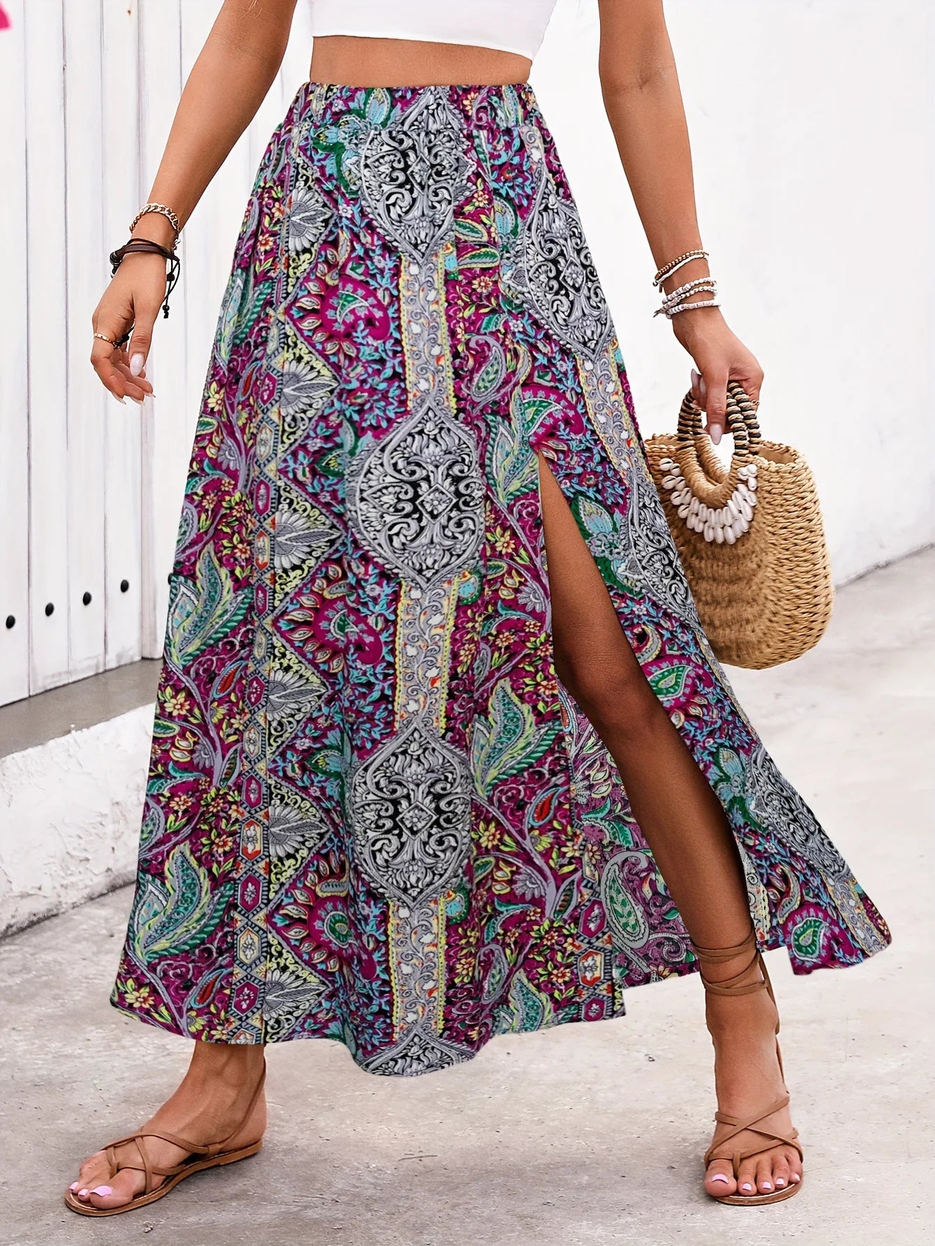 Vintage Bohemian Ethnic Print Long Skirt Women 2026 Summer Casual High Waist Skirt Lady Elegant Boho A line Split Pleated Skirt