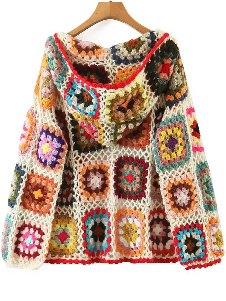 Boho Inspried crochet hand-made cardigan women square pattern knitted cardigan sweater long sleeve boho cardigan autumn winter