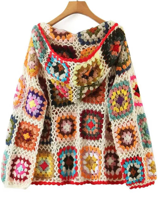 Boho Inspried crochet hand-made cardigan women square pattern knitted cardigan sweater long sleeve boho cardigan autumn winter