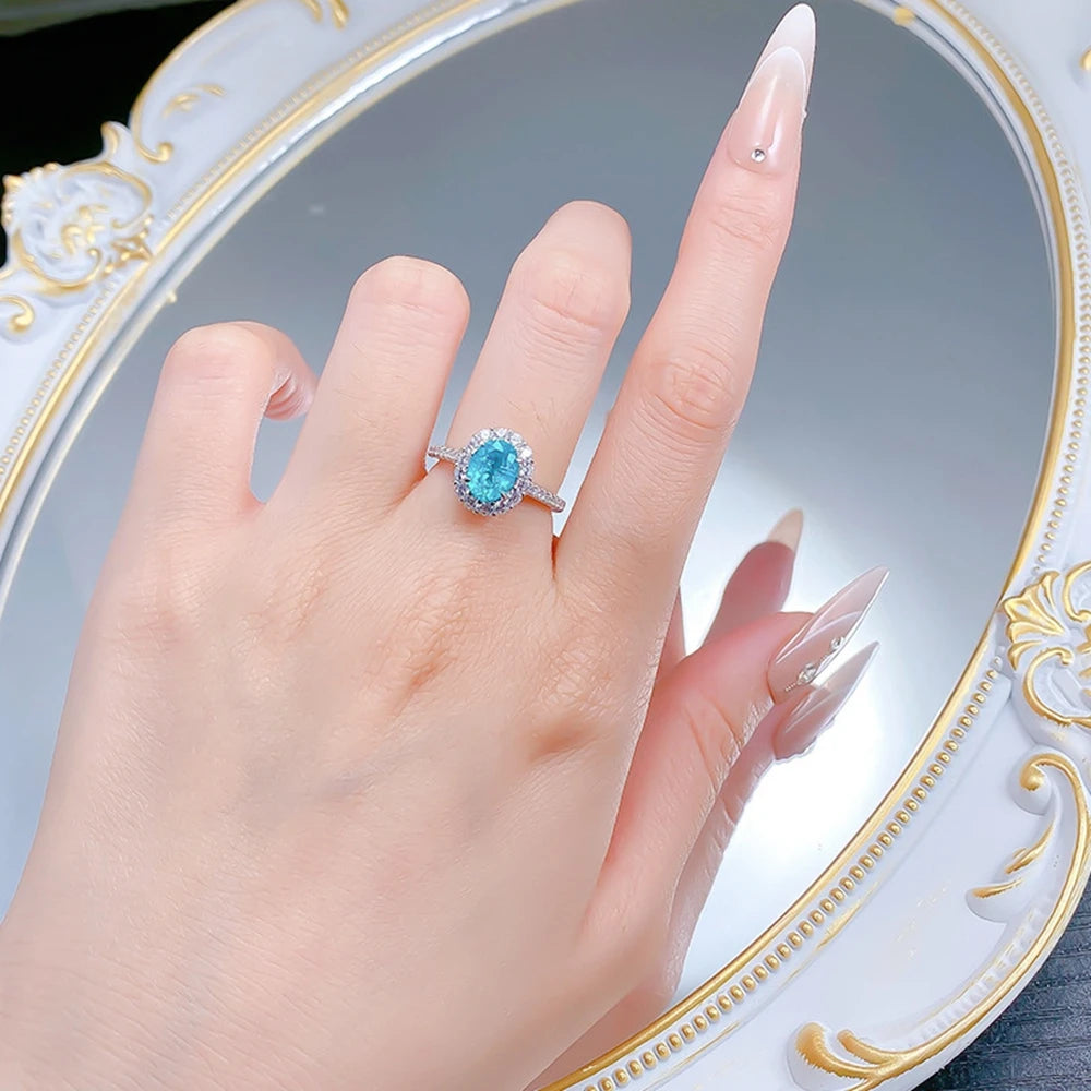 Vinregem 6*8 MM Oval Cut Paraiba Tourmaline High Carbon Diamond 925 Sterling Silver Women Rings Wedding Engagement Fine Jewelry