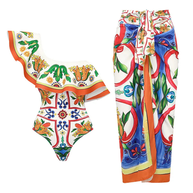 2024 New Sexy Ruffle Bikini Set Printed Brazilian Biquini Women Swimwear Skirt Bathing Suit Girls Summer Beachwear Dress
