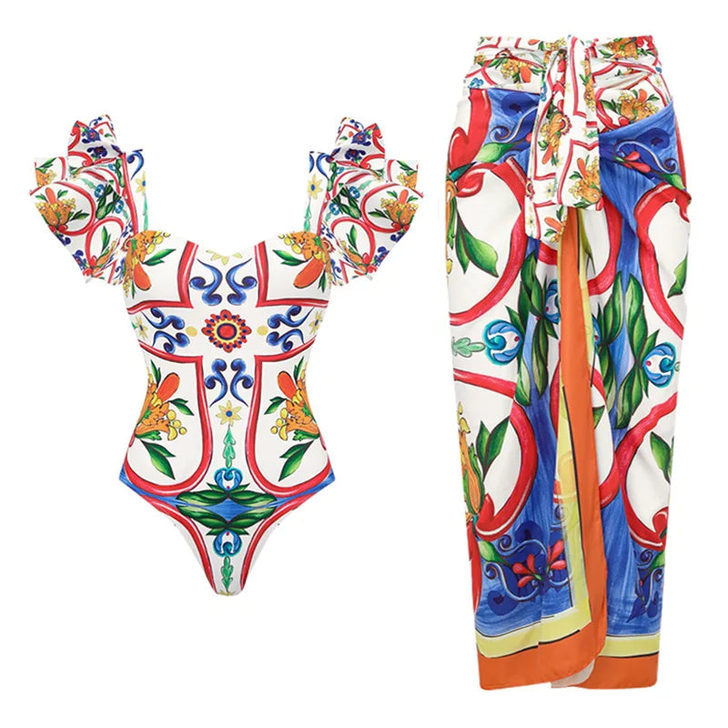 2024 New Sexy Ruffle Bikini Set Printed Brazilian Biquini Women Swimwear Skirt Bathing Suit Girls Summer Beachwear Dress