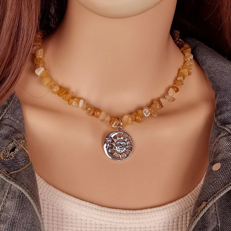 Ladies Retro Natural Gravel Handmade Beaded Collarbone Chain Ethnic Style Sun and Moon Pendant Necklace Jewelry Wholesale