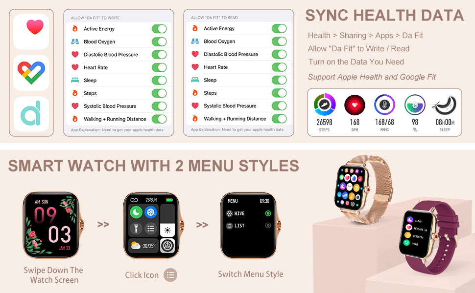 Smart Watch for Women(Call Receive/Dial), Fitness Tracker Smartwatch for Android iOS Phones Heart Rate Sleep Monitor Pedometer