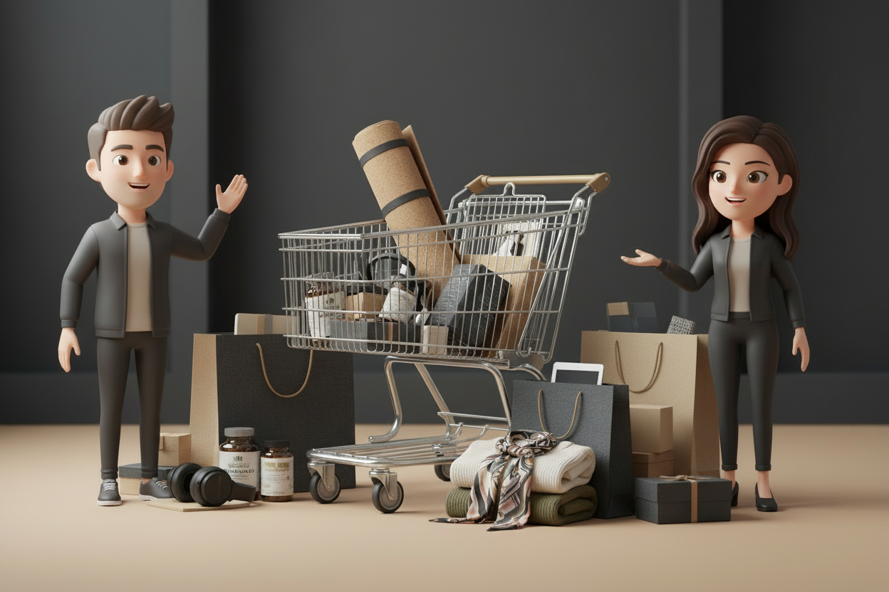 add in a happy man shopper on the left side of the image and a happy woman shopper on the right hand side. Make the people cartoon characters